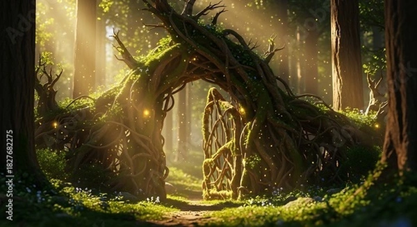 Obraz An abstract light background illuminates the old rusty metal door and the beautiful autumn morning path through a misty green forest