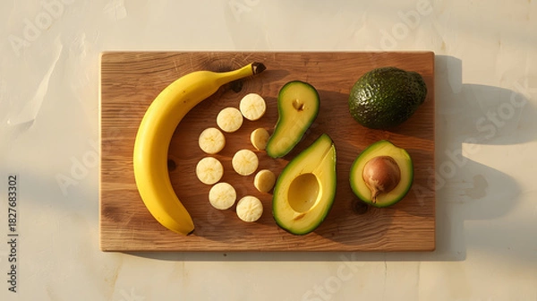 Fototapeta Fresh banana and avocado slices arranged on a wooden cutting board.