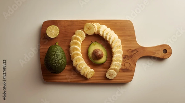 Fototapeta A wooden cutting board with sliced bananas, avocado, and a lime.