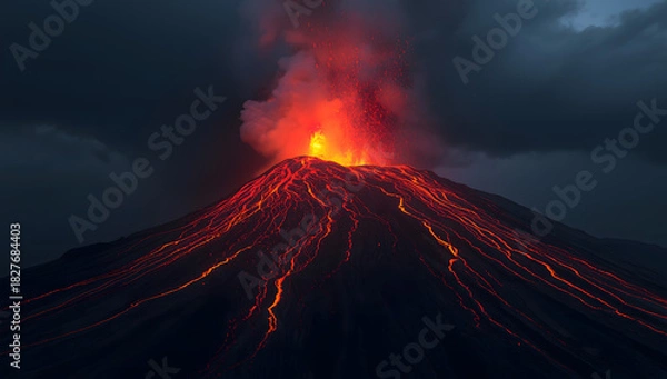 Fototapeta Volcano erupting, spewing lava and smoke against a dark, cloudy sky.
