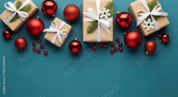 Fototapeta Christmas gift box and ornament border on teal background