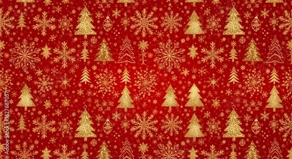 Fototapeta Elegant golden christmas trees and sparkling snowflakes create a festive and luxurious seamless pattern on a vibrant red background, perfect for holiday designs and winter celebrations
