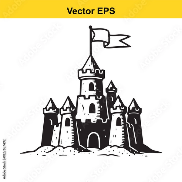 Fototapeta Black and white vector illustration of a medieval castle with flags isolated on white background