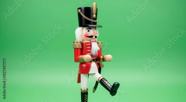 Fototapeta A wooden nutcracker soldier in a red coat and black hat, marching forward on a green background.