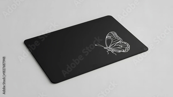 Fototapeta Black card featuring a delicate white butterfly illustration on the right side.
