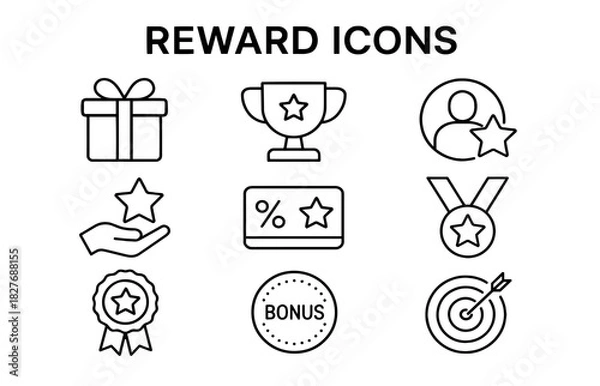 Fototapeta Title: Set of Reward Icons Featuring Various Symbols of Achievement, Recognition, and Incentives
