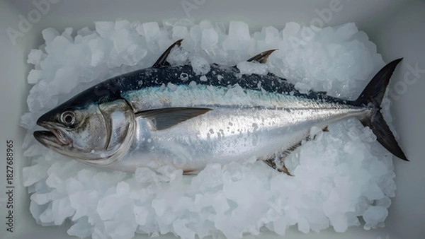 Fototapeta A fresh, whole tuna fish resting on a bed of crushed ice.