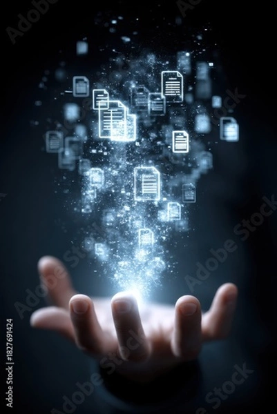 Obraz Hand With Glowing Floating Digital Documents Symbolizing File Sharing and Data Management