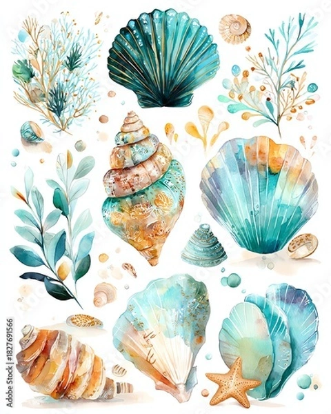 Obraz Colorful seashells and marine elements illustration.