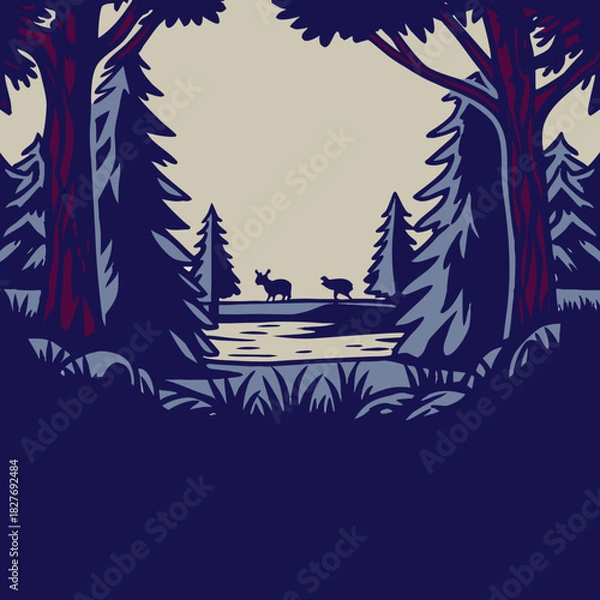 Obraz Dark Forest with Lake and Deer Silhouette Illustration