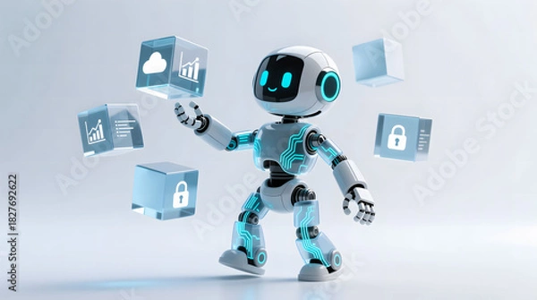 Obraz Cute robot carefully organizing floating data cubes, visualizing complex database management and structure  isolated on white.