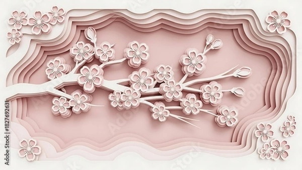 Fototapeta Elegant 3D Paper Cut Blossom Branch on Pink Background.