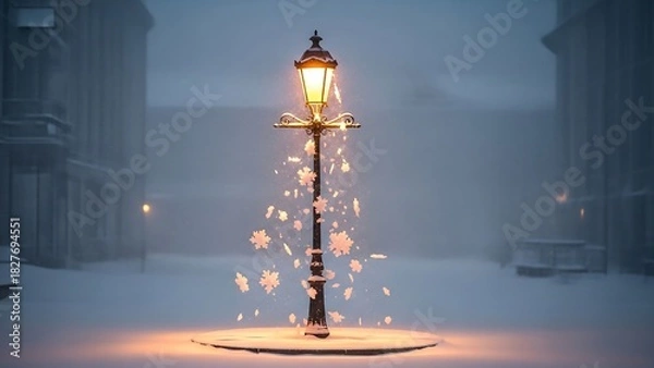 Fototapeta Enchanting Winter Scene - Illuminated Lamp Post in Snowy Ambiance.