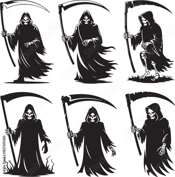 Fototapeta Grim Reaper silhouettes collection with scythes for Halloween designs