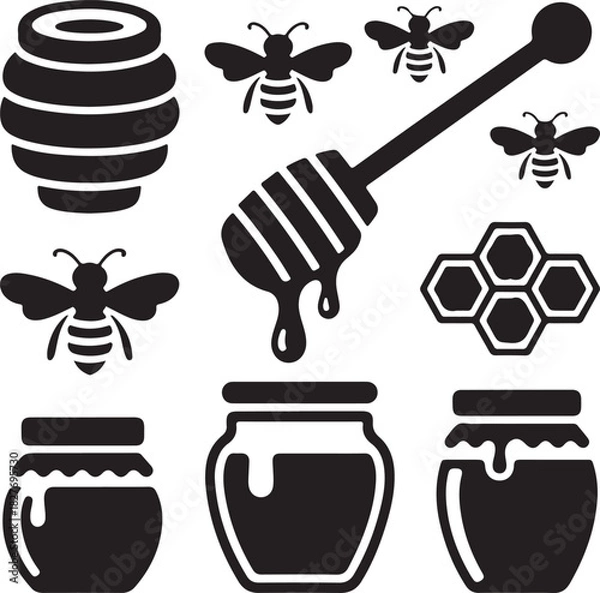 Obraz Honey vector illustration set beehive honeybees dipper honey jar and honeycomb