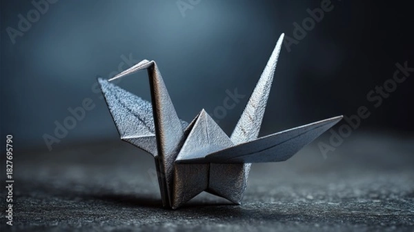 Fototapeta Close up of a metallic origami paper crane bird against dark background
