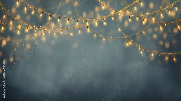 Fototapeta String of warm glowing holiday lights hanging against dark background