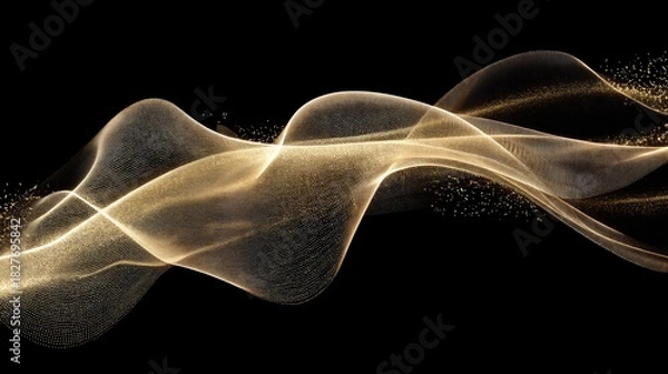 Fototapeta Abstract golden glowing particle wave flowing on a black background