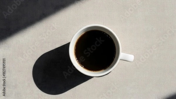 Fototapeta Top View of a White Coffee Mug Filled with Black Coffee on a Neutral Textured Surface, Featuring Dramatic Shadow and Sunlight, Perfect for Minimalism and Morning Concepts