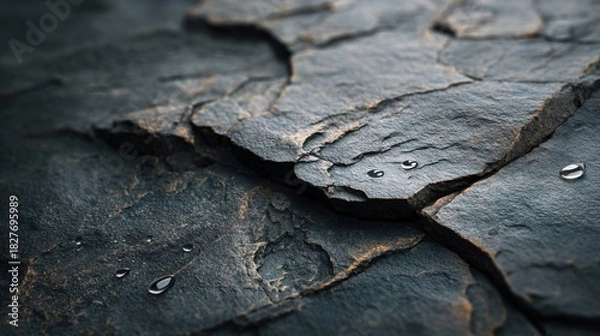 Fototapeta Close up of dark slate roof tile surface with water droplets