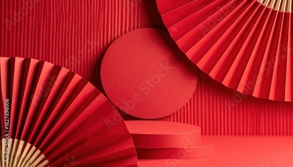 Fototapeta Red Studio Background with Product Podium and Oriental Paper Fans for Lunar New Year Celebration