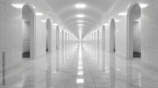 Fototapeta Endless white corridor with symmetrical arches and reflective floor