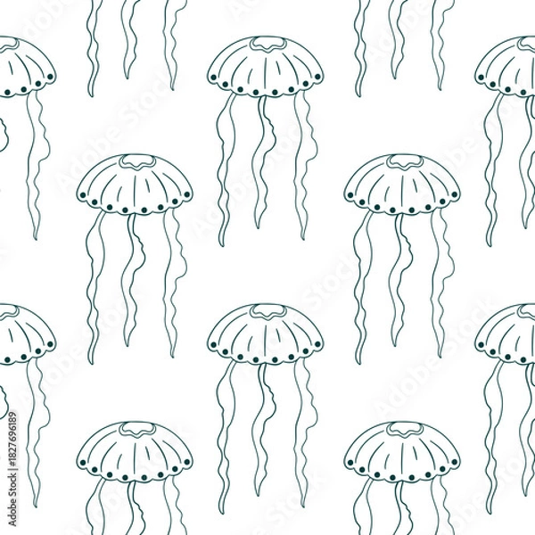 Obraz Seamless pattern of blue jellyfish with flowing tentacle on a white background in line art style. Ideal for ocean marine and underwater card design.