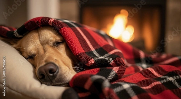 Fototapeta Cozy Dog Wrapped in Red and Black Blanket Sleeping by the Fireplace for Pet Care Blogs, Home Comfort Websites, Animal Lifestyle Articles, and Cozy Living Content