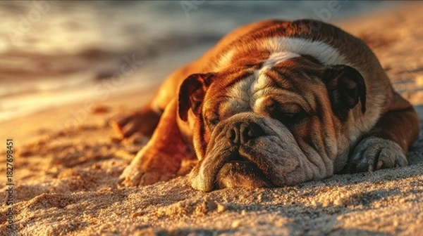 Fototapeta A sleepy bulldog with a wrinkled face lounges peacefully on the warm sandy beach, enjoying the golden sunlight and the gentle ocean breeze du summer season.