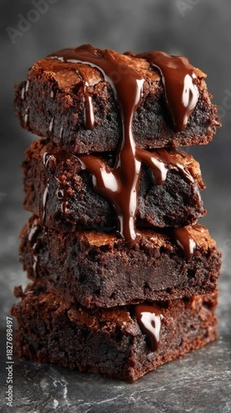 Fototapeta A decadent stack of cannabis infused brownies glistening with a rich, glossy chocolate topping offers a tempting induence on a dark textured background for edibles.