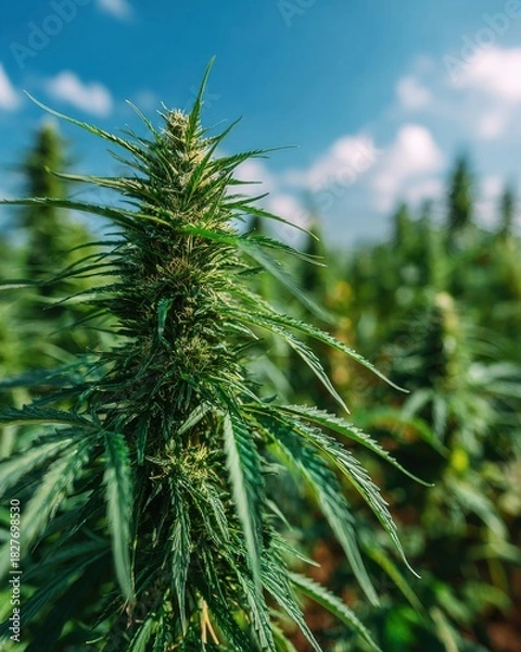 Fototapeta Close up view of cannabis plants with buds flowe naturally in a vast open field under a bright blue sky with scattered white clouds on a sunny day environment.