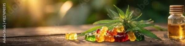 Fototapeta Aromatic hemp-derived oil sits beside colorful CBD gummies and cannabis leaves on a rustic wooden table, illuminated by soft, natural sunlight outdoors.