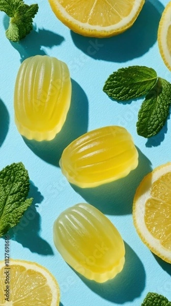Fototapeta Three lemon flavored CBD gummies are arranged with slices of fresh lemons and sprigs of green mint on a vibrant blue background for a healthy display.