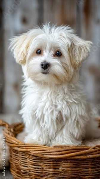 Fototapeta A charming Maltese puppy with long white fur is sitting attentively inside a rustic woven basket, its innocent eyes looking directly at the camera with sweetness.