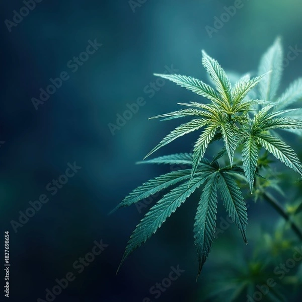 Fototapeta A close-up captures the intricate leaves of a vibrant cannabis plant flourishing outdoors in natural sunlight, showcasing its detailed texture and organic growth.