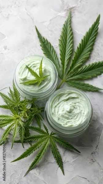 Fototapeta Overhead close-up shows two glass jars filled with soothing hemp-derived skincare cream, decorated with fresh green cannabis leaves, on a textured gray surface.