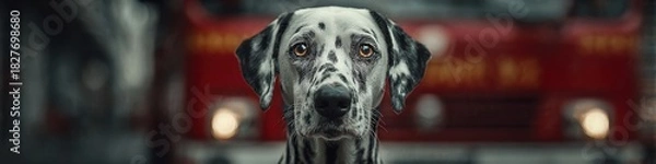Fototapeta A regal Dalmatian with striking spots sits proudly before a blurred red fire truck, embodying courage and loyalty in the face of duty and service.