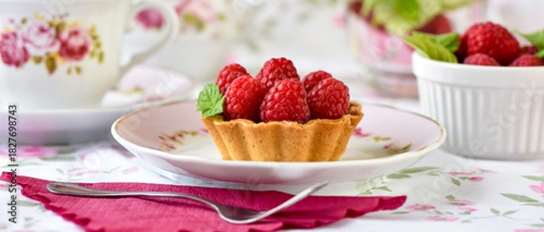 Fototapeta Mini tart with raspberries fruits on the table
