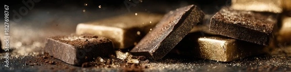 Fototapeta An assortment of cannabis-infused chocolate bar pieces are artistically arranged, showcasing their rich colors and textures on a dark, elegant backdrop.