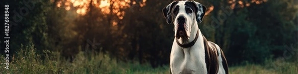 Fototapeta A majestic Great Dane, a giant breed with a noble stance, gazes proudly forward in a tranquil outdoor setting at sunset, a picture of strength and grace.
