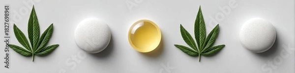 Fototapeta A minimalist arrangement of hemp leaf, capsule, and oil, showcasing a natural approach to wellness and the essence of hemp-derived supplements for healthy living.