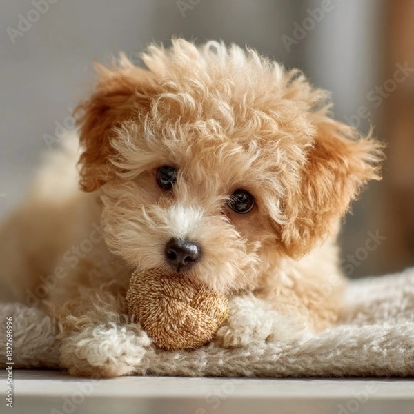 Fototapeta Playful poodle puppy with curly fur adorably chews on a brown toy, lying on a soft blanket while looking directly at the camera with its sweet innocent eyes.