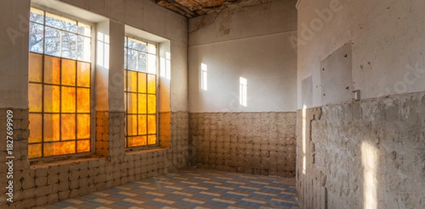 Obraz Abandoned Room with Old Yellow Windows and Sunlight
