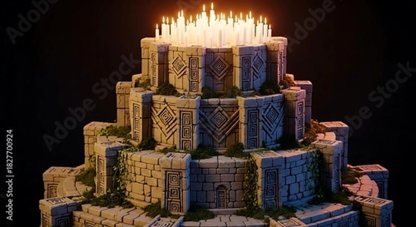 Fototapeta Ancient stone altar or temple structure with many lit candles on top against dark background