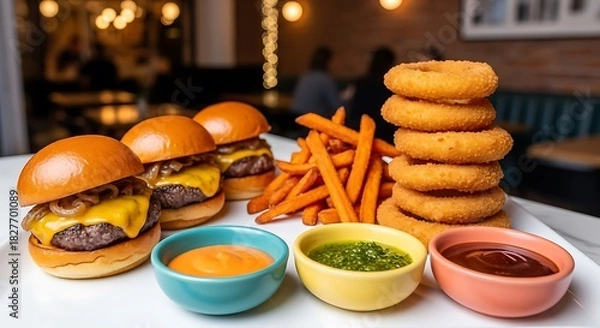 Fototapeta Delicious cheeseburger platter with onion ring stack, sweet potato fry, and dipping sauce assortment