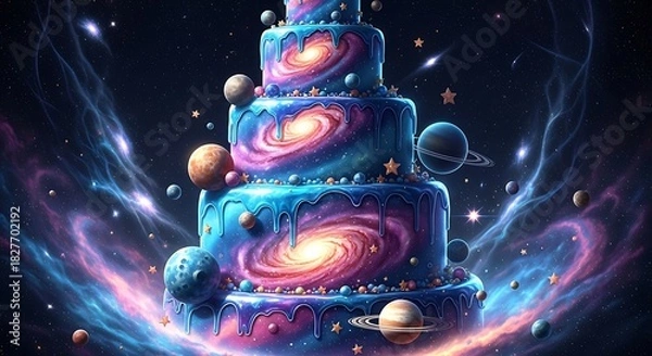 Fototapeta A stunning, multitiered galaxy cake decorated with planets and cosmic nebula swirls in space