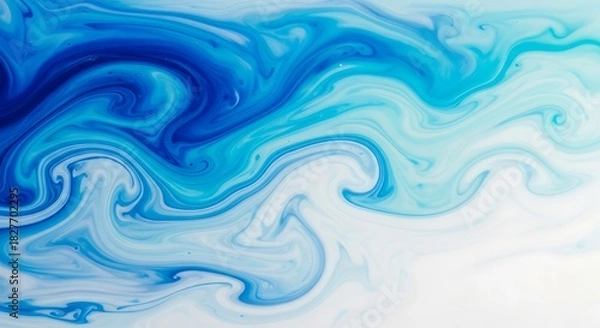 Fototapeta Abstract background of swirling blue and white liquid paint or ink creating a dynamic wave pattern