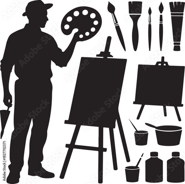 Fototapeta Silhouette of Artist with Palette and Easel Creative Process Concept