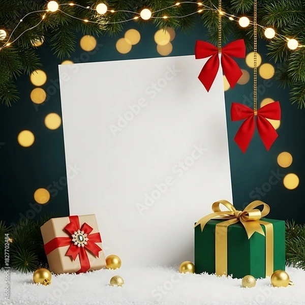 Obraz Christmas background with blank paper, gifts, and festive lights