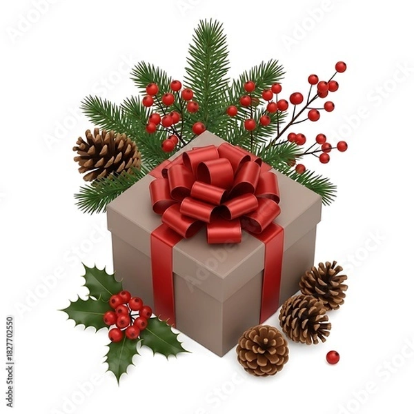 Obraz Christmas gift box with pine cone, holly, and red berry decoration isolated on white background